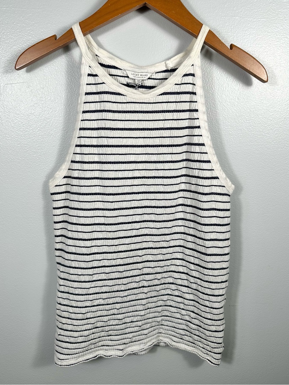 Lucky Brand White and Navy Blue Striped Ribbed Halter Tank Top NWT Size Medium